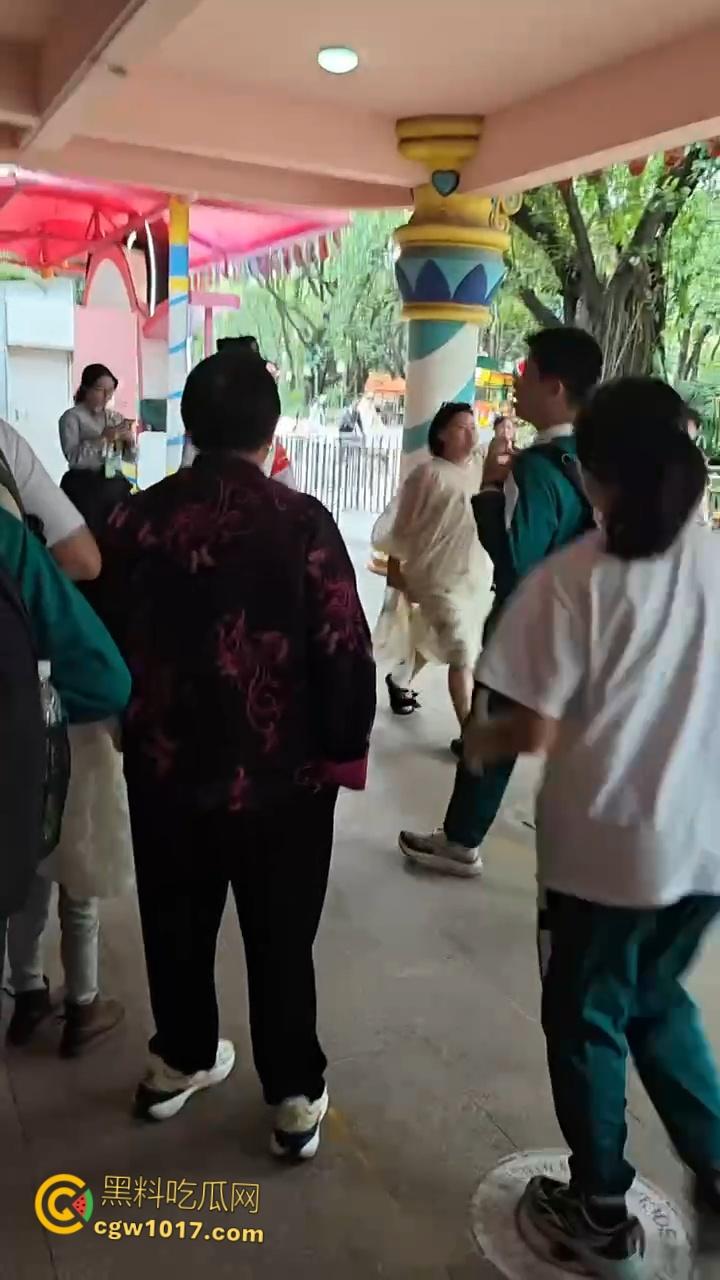 广州长隆野生动物园,长裙美女为狗大闹,不听劝阻当街闹事,怒砸玩具车扔路人,最终被安保人员请出 !