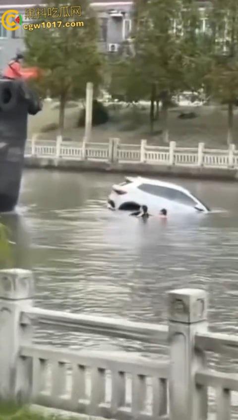 丹阳女司机油门当刹车,车子冲破栏杆栽进九曲河,幸好车窗围观女司机命大脱险,惊魂未定一出湿身戏!